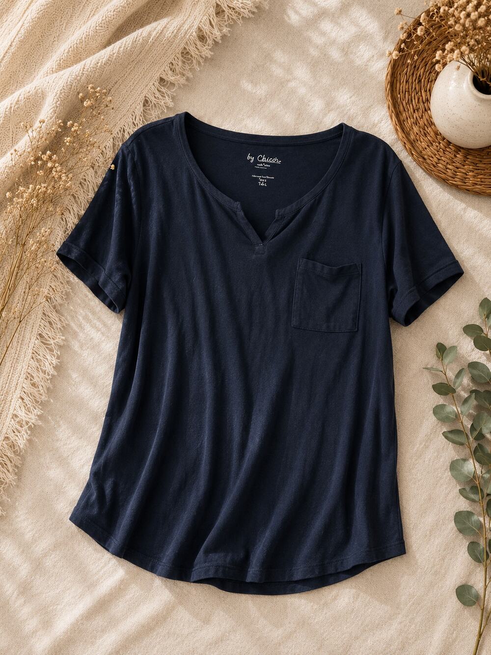 Chico's Women's Split Neck Classic Fit T-Shirt Short Sleeve Black Size 3 (XL/16)